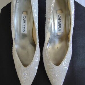 Vintage Ivory Silk Beaded Dress Hi-Heels Caparros Sz 8.5B